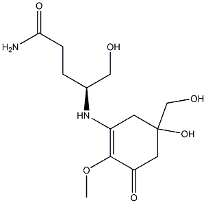 (4S)-4-[[5-Hydroxy-5-(hydroxymethyl)-2-methoxy-1-oxo-2-cyclohexen-3-yl]amino]-5-hydroxyvaleramide 구조식 이미지