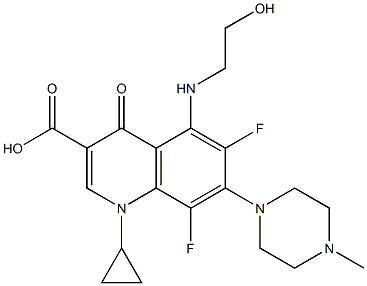 1-Cyclopropyl-6,8-difluoro-1,4-dihydro-5-(2-hydroxyethylamino)-7-(4-methyl-1-piperazinyl)-4-oxoquinoline-3-carboxylic acid 구조식 이미지