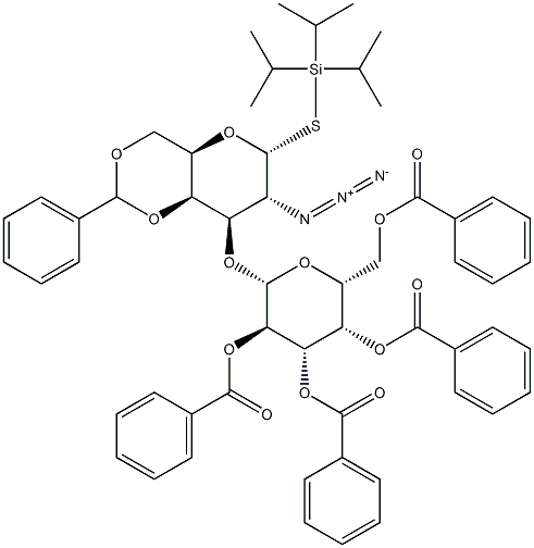 Triisopropylsilyl 2-azido-3-O-(2,3,4,6-tetra-O-benzoyl-b-D-galactopyranosyl)-4-6-O-benzylidene-2-deoxy-a-D-thiogalactopyranoside 구조식 이미지