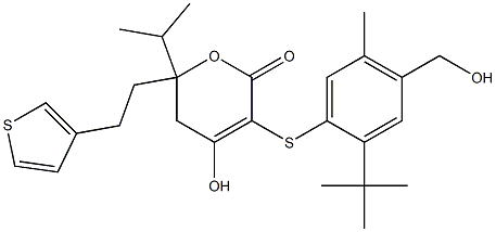 3-(2-tert-butyl-4-hydroxymethyl-5-methylphenylsulfanyl)-4-hydroxy-6-isopropyl-6-(2-thiophen-3-ylethyl)-5,6-dihydropyran-2-one 구조식 이미지