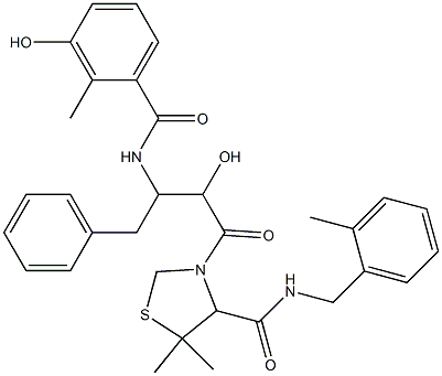 N-(2-methylbenzyl)-3-(2-hydroxy-3-(3-hydroxy-2-methylbenzoyl)amino-4-phenylbutanoyl)-5,5-dimethyl-1,3-thiazolidine-4-carboxamide Structure