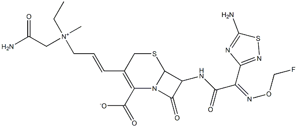 7-[[2-(5-amino-1,2,4-thiadiazol-3-yl)-2-(fluoromethoxyimino)acetyl]amino]-3-[3-(carbamoylmethyl-ethyl-methyl-ammonio)prop-1-enyl]-8-oxo-5-thia-1-azabicyclo[4.2.0]oct-2-ene-2-carboxylate 구조식 이미지
