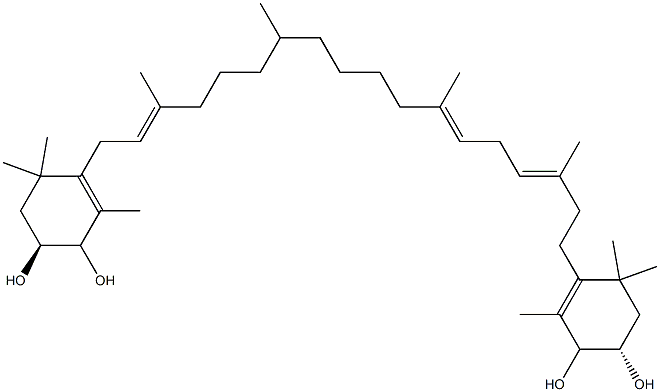 (6S)-3-[(3E,6E,16E)-18-[(4S)-3,4-dihydroxy-2,6,6-trimethyl-1-cyclohexenyl]-3,7,12,16-tetramethyl-octadeca-3,6,16-trienyl]-2,4,4-trimethyl-cyclohex-2-ene-1,6-diol 구조식 이미지