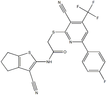 N-(3-cyano-5,6-dihydro-4H-cyclopenta[b]thiophen-2-yl)-2-{[3-cyano-6-(4-fluorophenyl)-4-(trifluoromethyl)-2-pyridinyl]sulfanyl}acetamide 구조식 이미지