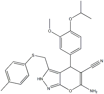 6-amino-4-(4-isopropoxy-3-methoxyphenyl)-3-{[(4-methylphenyl)sulfanyl]methyl}-2,4-dihydropyrano[2,3-c]pyrazole-5-carbonitrile 구조식 이미지