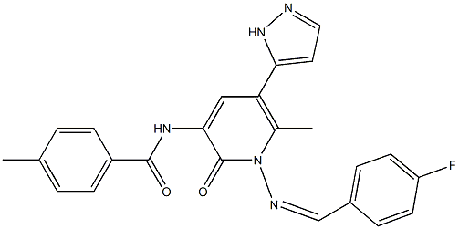 N-[1-{[(Z)-(4-fluorophenyl)methylidene]amino}-6-methyl-2-oxo-5-(1H-pyrazol-5-yl)-1,2-dihydro-3-pyridinyl]-4-methylbenzenecarboxamide Structure