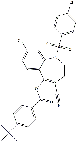 8-chloro-1-[(4-chlorophenyl)sulfonyl]-4-cyano-2,3-dihydro-1H-1-benzazepin-5-yl 4-(tert-butyl)benzoate 구조식 이미지