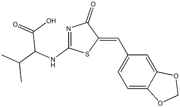 2-({5-[(E)-1,3-benzodioxol-5-ylmethylidene]-4-oxo-4,5-dihydro-1,3-thiazol-2-yl}amino)-3-methylbutanoic acid Structure