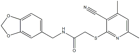 N-(1,3-benzodioxol-5-ylmethyl)-2-[(3-cyano-4,6-dimethyl-2-pyridinyl)sulfanyl]acetamide 구조식 이미지