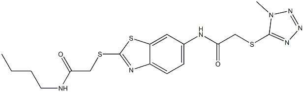 N-(2-{[2-(butylamino)-2-oxoethyl]sulfanyl}-1,3-benzothiazol-6-yl)-2-[(1-methyl-1H-tetraazol-5-yl)sulfanyl]acetamide 구조식 이미지