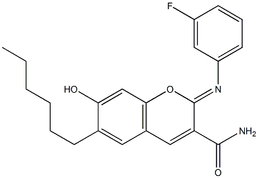 2-[(3-fluorophenyl)imino]-6-hexyl-7-hydroxy-2H-chromene-3-carboxamide 구조식 이미지