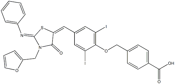4-[(4-{[3-(2-furylmethyl)-4-oxo-2-(phenylimino)-1,3-thiazolidin-5-ylidene]methyl}-2,6-diiodophenoxy)methyl]benzoic acid Structure