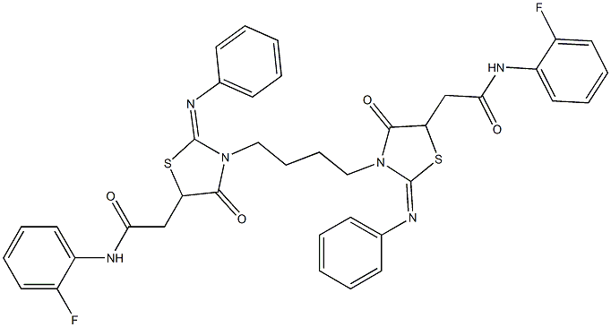 2-[3-{4-[5-[2-(2-fluoroanilino)-2-oxoethyl]-4-oxo-2-(phenylimino)-1,3-thiazolidin-3-yl]butyl}-4-oxo-2-(phenylimino)-1,3-thiazolidin-5-yl]-N-(2-fluorophenyl)acetamide 구조식 이미지