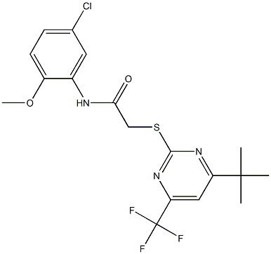 2-{[4-tert-butyl-6-(trifluoromethyl)-2-pyrimidinyl]sulfanyl}-N-(5-chloro-2-methoxyphenyl)acetamide Structure