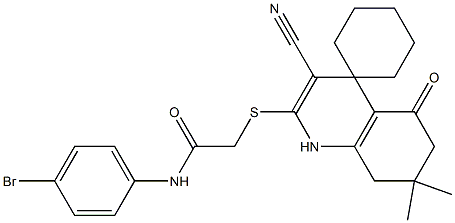 2-{[2-(4-bromoanilino)-2-oxoethyl]sulfanyl}-3-cyano-7,7-dimethyl-5-oxo-1,4,5,6,7,8-hexahydrospiro[quinoline-4,1'-cyclohexane] 구조식 이미지