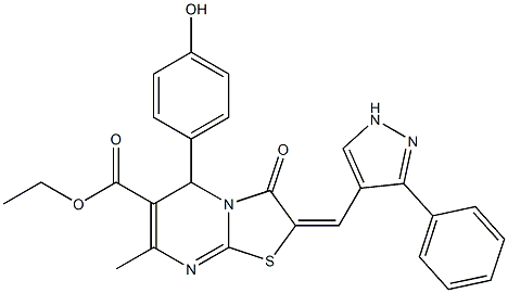 ethyl 5-(4-hydroxyphenyl)-7-methyl-3-oxo-2-[(3-phenyl-1H-pyrazol-4-yl)methylene]-2,3-dihydro-5H-[1,3]thiazolo[3,2-a]pyrimidine-6-carboxylate 구조식 이미지