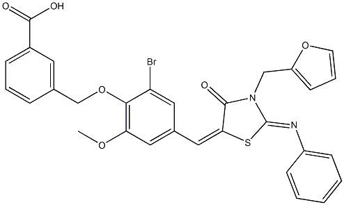 3-[(2-bromo-4-{[3-(2-furylmethyl)-4-oxo-2-(phenylimino)-1,3-thiazolidin-5-ylidene]methyl}-6-methoxyphenoxy)methyl]benzoic acid 구조식 이미지