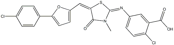 2-chloro-5-[(5-{[5-(4-chlorophenyl)-2-furyl]methylene}-3-methyl-4-oxo-1,3-thiazolidin-2-ylidene)amino]benzoic acid Structure