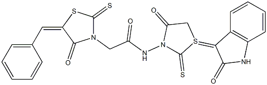 2-(5-benzylidene-4-oxo-2-thioxo-1,3-thiazolidin-3-yl)-N-[4-oxo-1-(2-oxo-1,2-dihydro-3H-indol-3-ylidene)-2-thioxo-1lambda~4~,3-thiazolidin-3-yl]acetamide 구조식 이미지