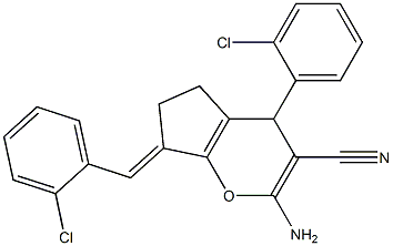 2-amino-7-(2-chlorobenzylidene)-4-(2-chlorophenyl)-4,5,6,7-tetrahydrocyclopenta[b]pyran-3-carbonitrile Structure