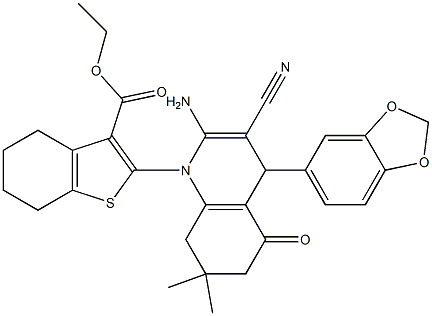 ethyl 2-(2-amino-4-(1,3-benzodioxol-5-yl)-3-cyano-7,7-dimethyl-5-oxo-5,6,7,8-tetrahydro-1(4H)-quinolinyl)-4,5,6,7-tetrahydro-1-benzothiophene-3-carboxylate Structure