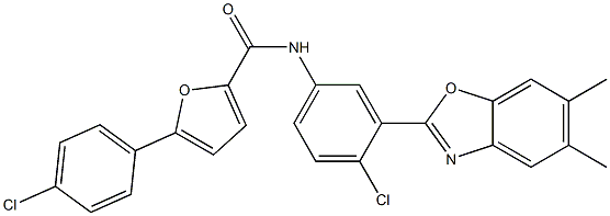 N-[4-chloro-3-(5,6-dimethyl-1,3-benzoxazol-2-yl)phenyl]-5-(4-chlorophenyl)-2-furamide 구조식 이미지