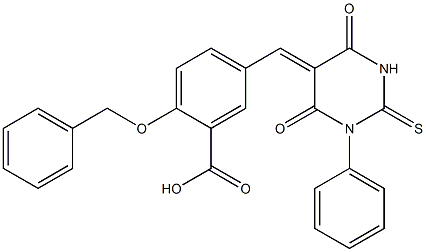 2-(benzyloxy)-5-[(4,6-dioxo-1-phenyl-2-thioxotetrahydro-5(2H)-pyrimidinylidene)methyl]benzoic acid Structure