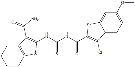 2-[({[(3-chloro-6-methoxy-1-benzothiophen-2-yl)carbonyl]amino}carbothioyl)amino]-4,5,6,7-tetrahydro-1-benzothiophene-3-carboxamide 구조식 이미지