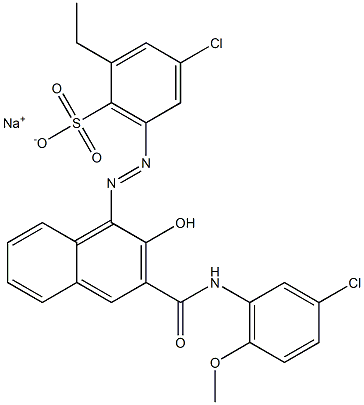 4-Chloro-2-ethyl-6-[[3-[[(3-chloro-6-methoxyphenyl)amino]carbonyl]-2-hydroxy-1-naphtyl]azo]benzenesulfonic acid sodium salt 구조식 이미지