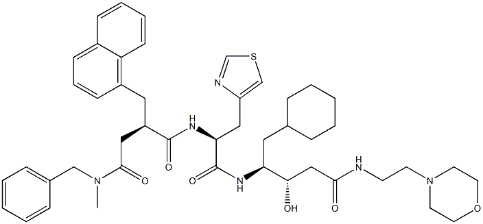 (3S,4S)-3-Hydroxy-5-cyclohexyl-4-[[(2S)-3-(4-thiazolyl)-2-[[(2R)-2-[N-benzyl-N-methylaminocarbonylmethyl]-3-(1-naphthalenyl)propionyl]amino]propionyl]amino]-N-(2-morpholinoethyl)valeramide 구조식 이미지