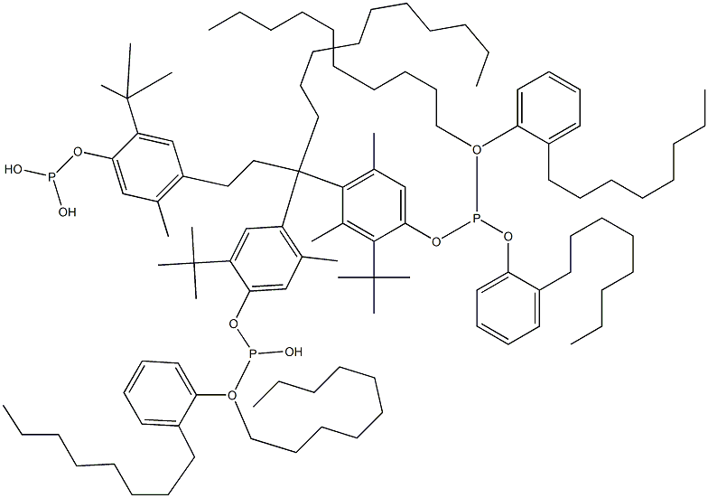 [3-Methyl-1,1,3-propanetriyltris(2-tert-butyl-5-methyl-4,1-phenyleneoxy)]tris(phosphonous acid)O,O',O''-tri(decyl)O,O',O''-tris(2-octylphenyl) ester Structure