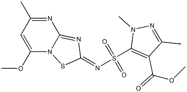 1,3-Dimethyl-5-[(7-methoxy-5-methyl-2H-[1,2,4]thiadiazolo[2,3-a]pyrimidin-2-ylidene)sulfamoyl]-1H-pyrazole-4-carboxylic acid methyl ester 구조식 이미지