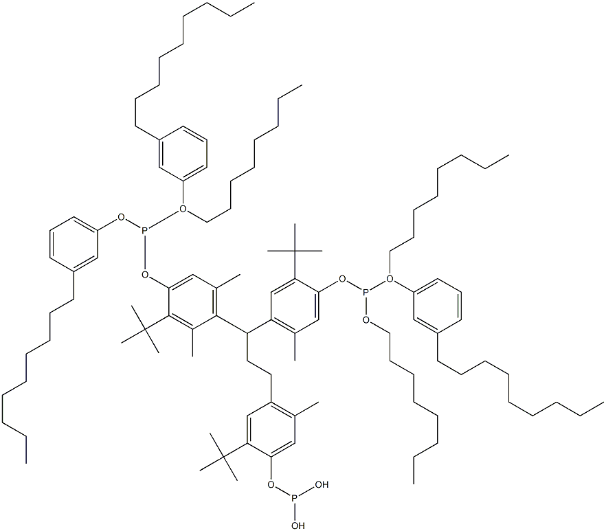[3-Methyl-1,1,3-propanetriyltris(2-tert-butyl-5-methyl-4,1-phenyleneoxy)]tris(phosphonous acid)O,O',O''-trioctyl O,O',O''-tris(3-nonylphenyl) ester 구조식 이미지