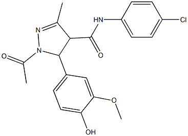 N-(4-Chlorophenyl)-5-(3-methoxy-4-hydroxyphenyl)-1-acetyl-4,5-dihydro-3-methyl-1H-pyrazole-4-carboxamide 구조식 이미지