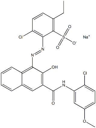 3-Chloro-6-ethyl-2-[[3-[[(2-chloro-5-methoxyphenyl)amino]carbonyl]-2-hydroxy-1-naphtyl]azo]benzenesulfonic acid sodium salt 구조식 이미지