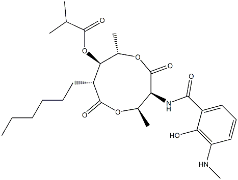 2-Methylpropanoic acid (3S,4R,7R,8R,9S)-3-[(3-methylamino-2-hydroxybenzoyl)amino]-4,9-dimethyl-2,6-dioxo-7-hexyl-1,5-dioxonan-8-yl ester 구조식 이미지