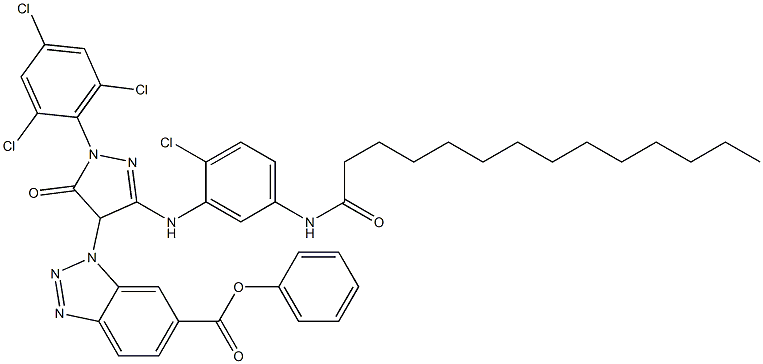 1-[3-[2-Chloro-5-(myristoylamino)anilino]-5-oxo-1-(2,4,6-trichlorophenyl)-4,5-dihydro-1H-pyrazol-4-yl]-1H-benzotriazole-6-carboxylic acid phenyl ester 구조식 이미지