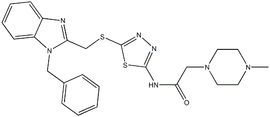 N-[2-[(1-Benzyl-1H-benzimidazol-2-yl)methylthio]-1,3,4-thiadiazol-5-yl]-2-(4-methylpiperazin-1-yl)acetamide 구조식 이미지
