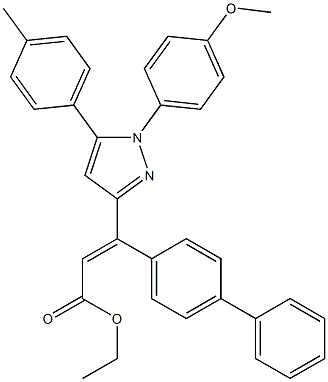 (E)-3-(4-Phenylphenyl)-3-[[1-(4-methoxyphenyl)-5-(4-methylphenyl)-1H-pyrazol]-3-yl]propenoic acid ethyl ester 구조식 이미지