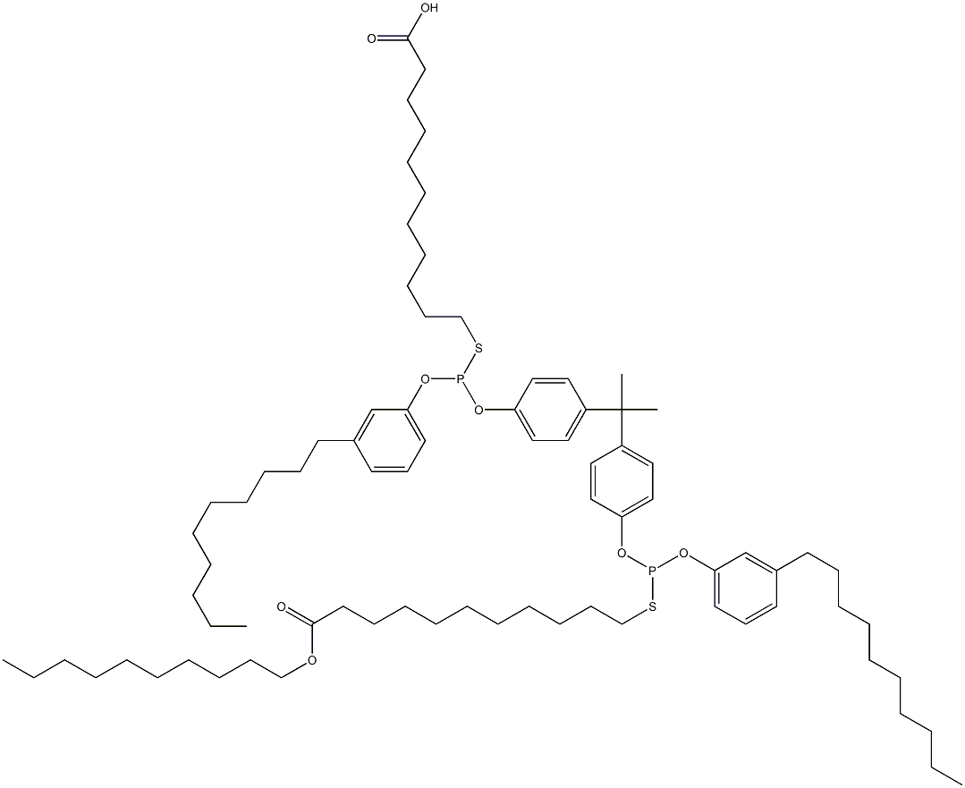 11,11'-[[Isopropylidenebis(4,1-phenyleneoxy)]bis[[(3-decylphenyl)oxy]phosphinediylthio]]bis(undecanoic acid decyl) ester 구조식 이미지