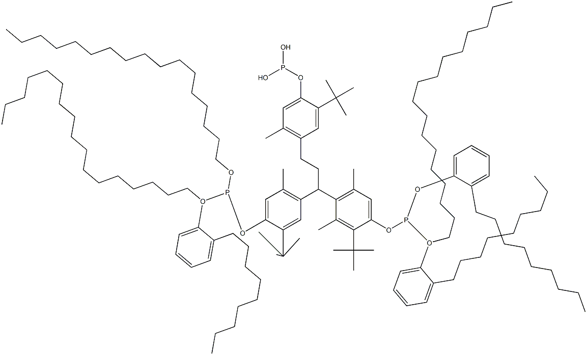 [3-Methyl-1,1,3-propanetriyltris(2-tert-butyl-5-methyl-4,1-phenyleneoxy)]tris(phosphonous acid)O,O',O''-triheptadecyl O,O',O''-tris(2-nonylphenyl) ester 구조식 이미지