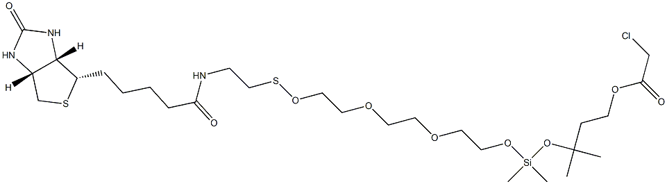 N-[2-[[2-[2-[2-[[3-(Chloroacetyloxy)-1,1-dimethylpropoxy]dimethylsilyloxy]ethoxy]ethoxy]ethoxy]thio]ethyl]-5-[[(3aS,4S,6aR)-hexahydro-2-oxo-1H-thieno[3,4-d]imidazol]-4-yl]pentanamide 구조식 이미지