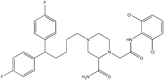 N-(2,6-Dichlorophenyl)-2-(aminocarbonyl)-4-[5,5-bis(4-fluorophenyl)pentyl]piperazine-1-acetamide 구조식 이미지