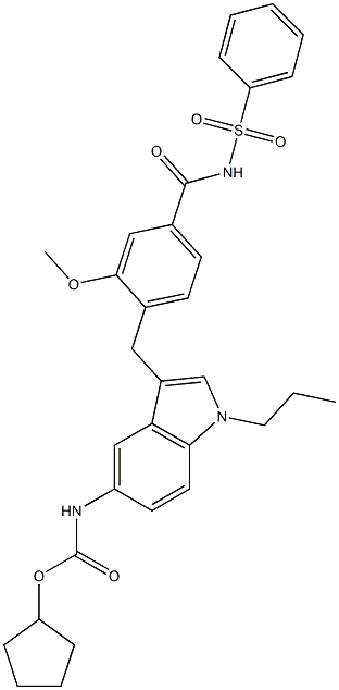 4-[5-(Cyclopentyloxycarbonylamino)-1-propyl-1H-indol-3-ylmethyl]-3-methoxy-N-(phenylsulfonyl)benzamide Structure