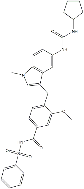 4-[5-(3-Cyclopentylureido)-1-methyl-1H-indol-3-ylmethyl]-3-methoxy-N-(phenylsulfonyl)benzamide 구조식 이미지