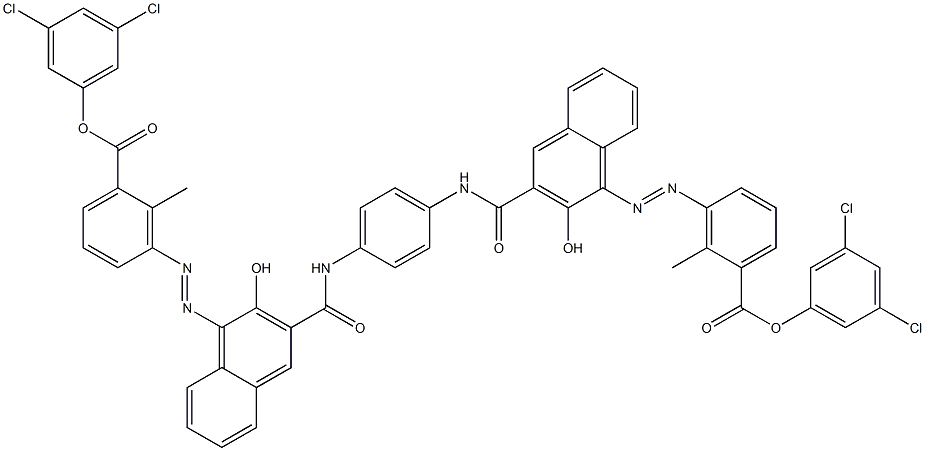 1,4-Bis[1-[[6-methyl-5-(3,5-dichlorophenoxycarbonyl)phenyl]azo]-2-hydroxy-3-naphthoylamino]benzene 구조식 이미지