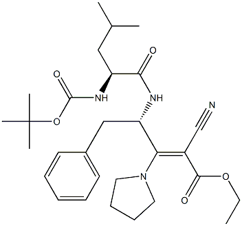 (S)-4-[N-(tert-Butyloxycarbonyl)-L-leucylamino]-2-cyano-5-phenyl-3-(1-pyrrolidinyl)-2-pentenoic acid ethyl ester Structure