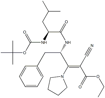 (S)-4-[N-(tert-Butyloxycarbonyl)-L-leucylamino]-2-cyano-5-phenyl-3-(1-pyrrolidinyl)-2-pentenoic acid ethyl ester 구조식 이미지