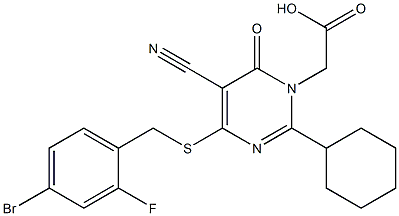 2-Cyclohexyl-4-(4-bromo-2-fluorobenzylthio)-5-cyano-6-oxopyrimidine-1(6H)-acetic acid 구조식 이미지