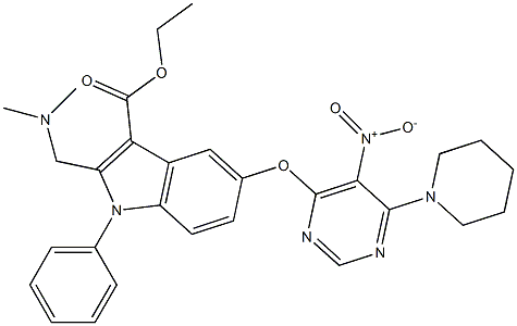 1-Phenyl-2-[(dimethylamino)methyl]-5-[5-nitro-6-piperidinopyrimidin-4-yloxy]-1H-indole-3-carboxylic acid ethyl ester 구조식 이미지